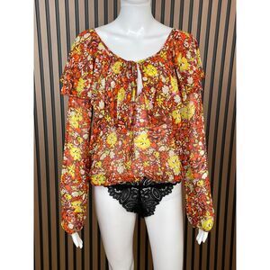 Free People Say It To Me Women's Bodysuit Boho Cinch Ruffle S Yellow Floral